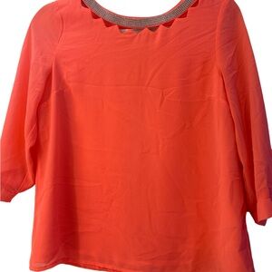Elegant Coral Blouse with Scalloped Neckline